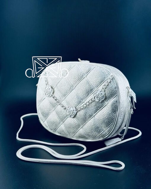 Modern Thai Sterling Silver Oval Crossbody Bag with Rose Chain Accent